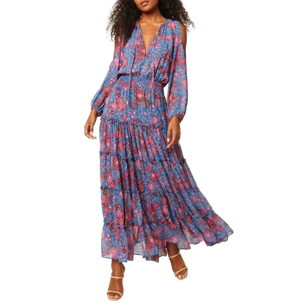 MISA Los Angeles Sigrid Cold Shoulder Floral Ruffle Maxi Dress  - Size XS
